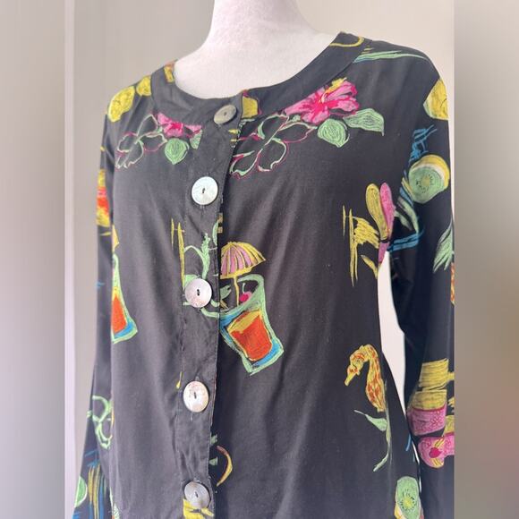 Vintage ‘90s Paradiso Tropical Print Beaded Fringe Hem Button Down Blouse - Picture 3 of 9